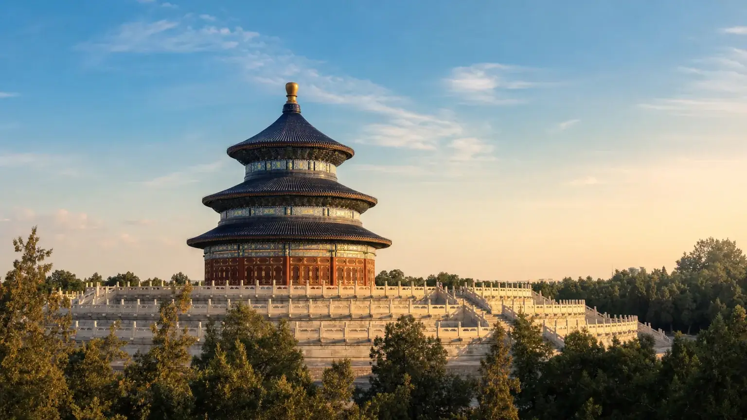 The Temple of Heaven round hall in its imperial park at golden hour