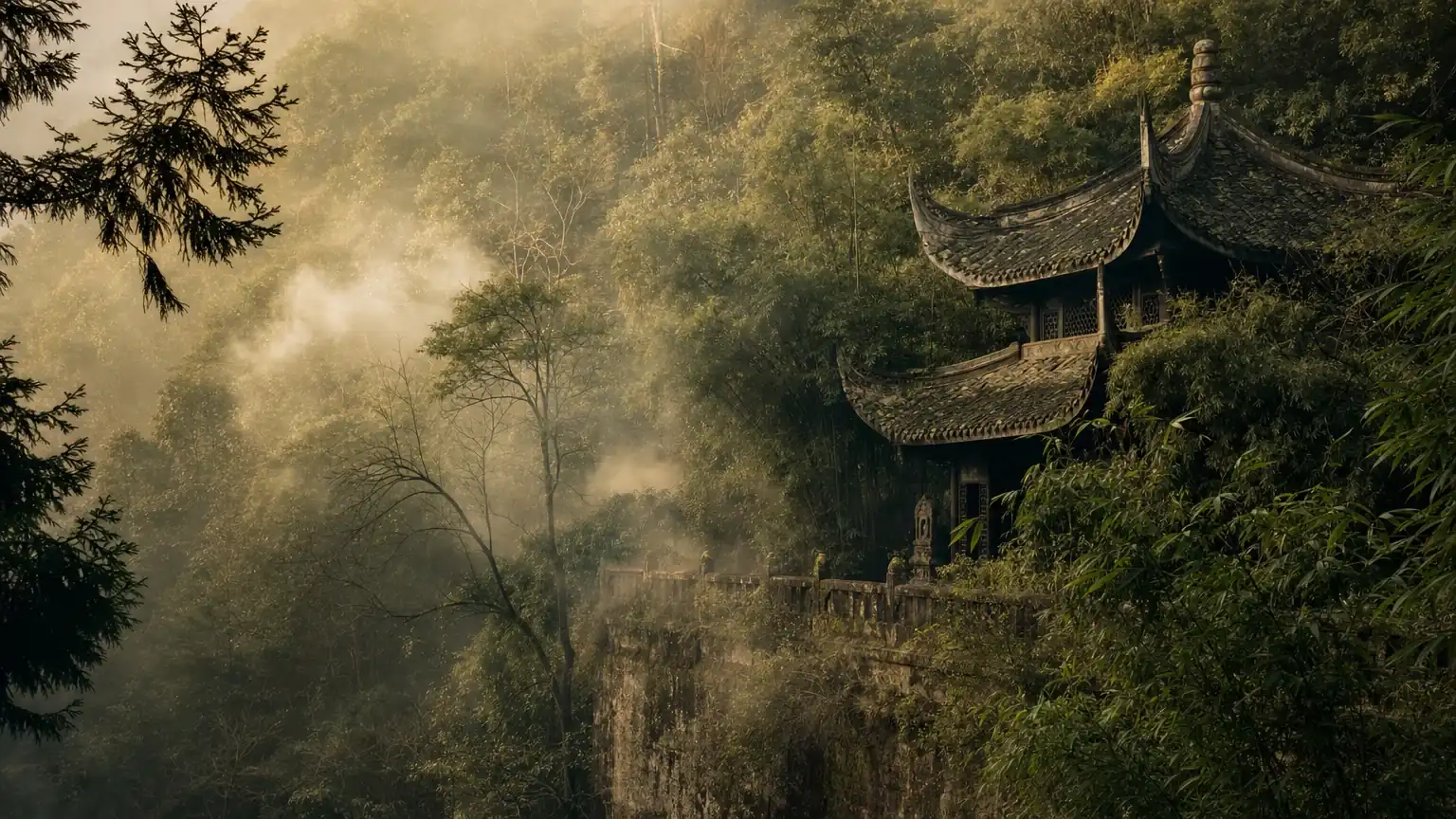 A misty temple pavilion on Mount Qingcheng at golden hour