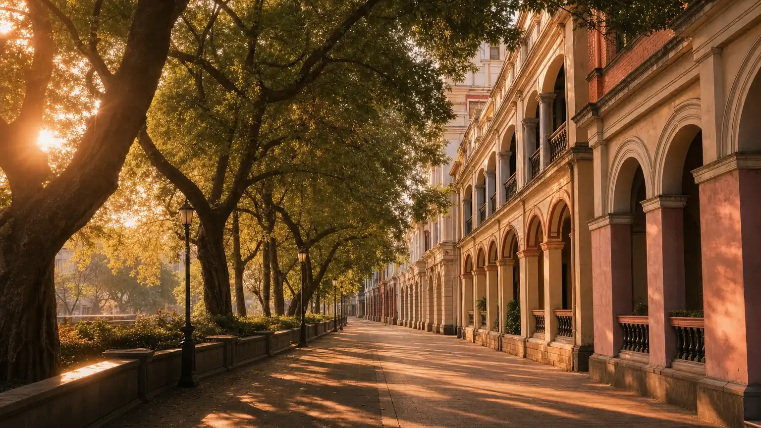 A tree-lined street of historic Shamian Island arcades in Guangzhou at golden hour