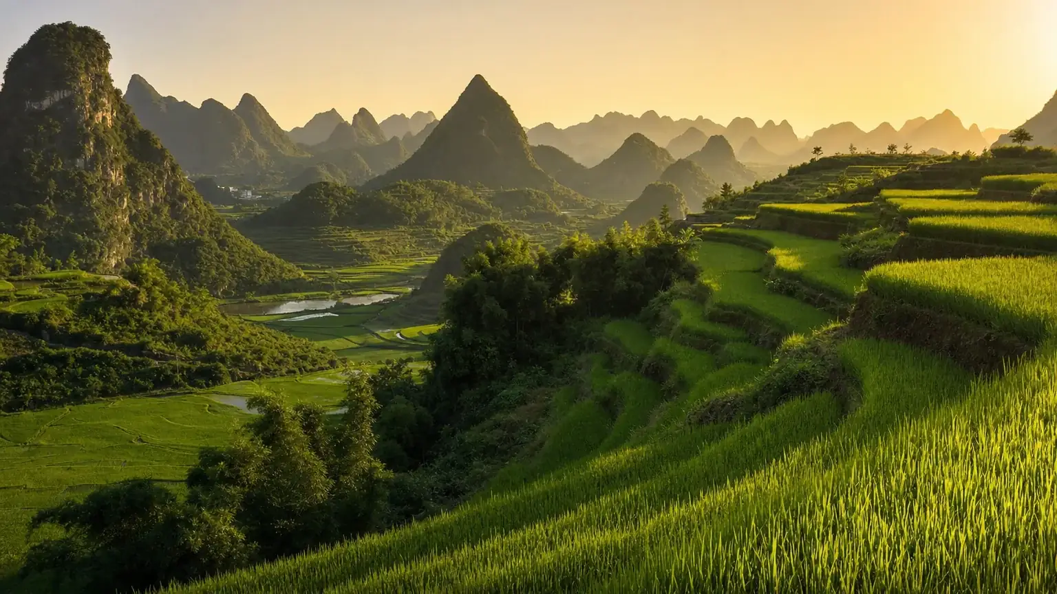 Yangshuo countryside with terraced fields among karst hills at golden hour