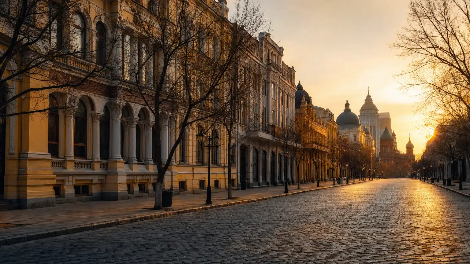 The cobblestone Central Street of Harbin lined with European architecture at golden hour
