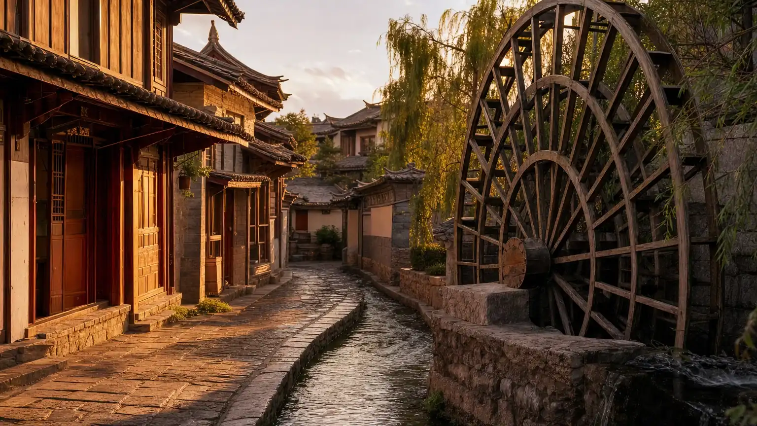 A canal lane with waterwheels in Lijiang old town at golden hour