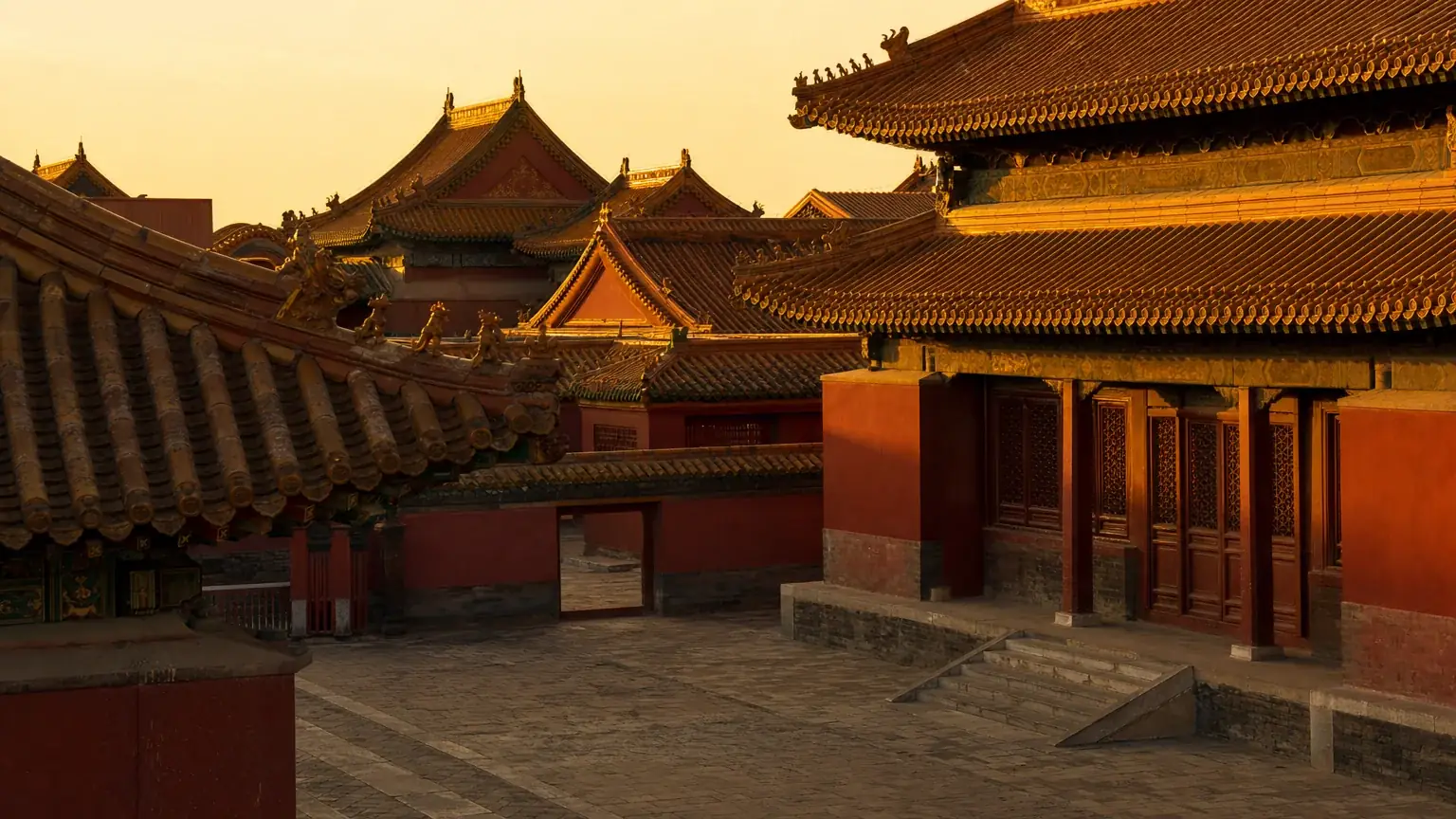 The roofs and courtyards of the Shenyang Imperial Palace at golden hour