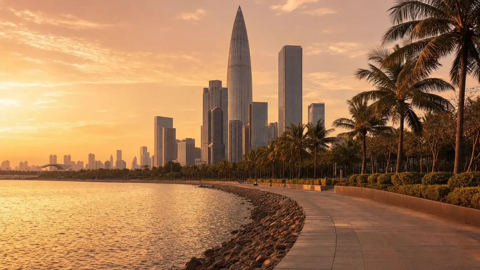 The Shenzhen Bay waterfront promenade with palms and towers at golden hour