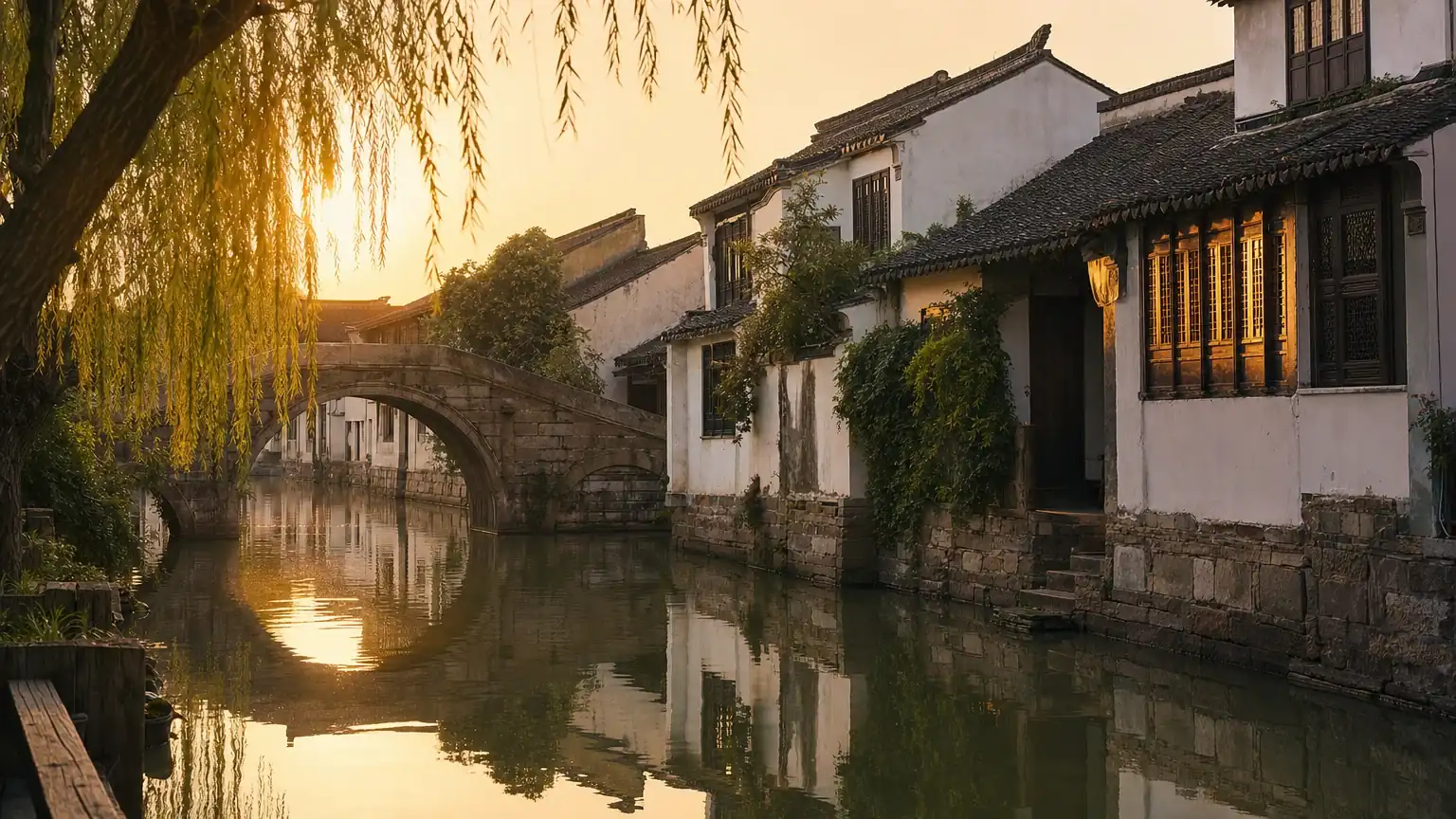 A classical canal and arched stone bridge in Suzhou's old town at golden hour