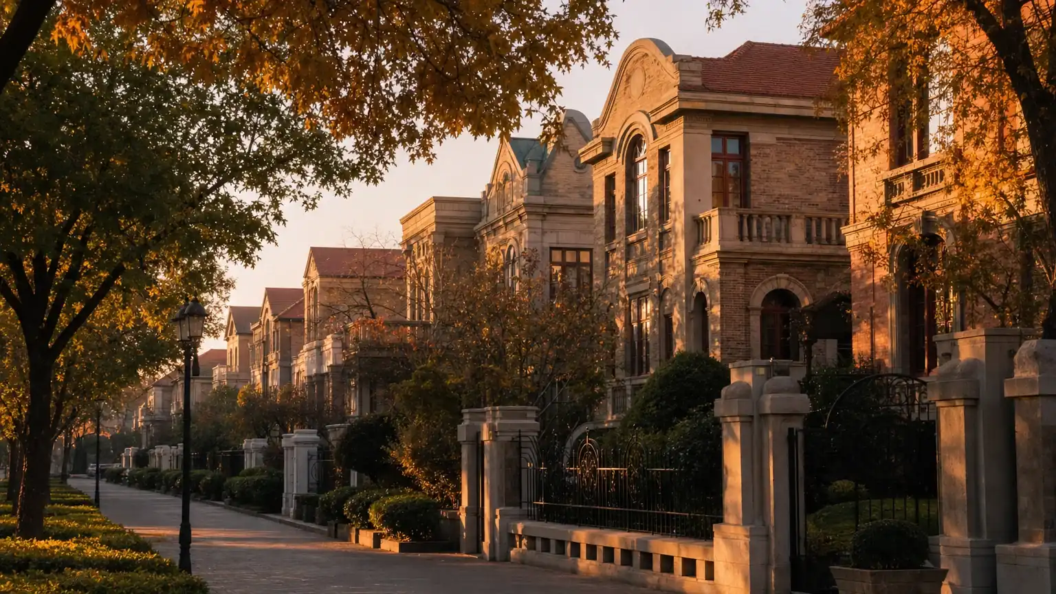Historic European-style villas in Tianjin's Five Great Avenues at golden hour