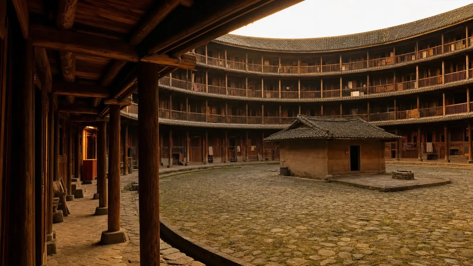 The interior courtyard of a round tulou with tiered wooden galleries at golden hour